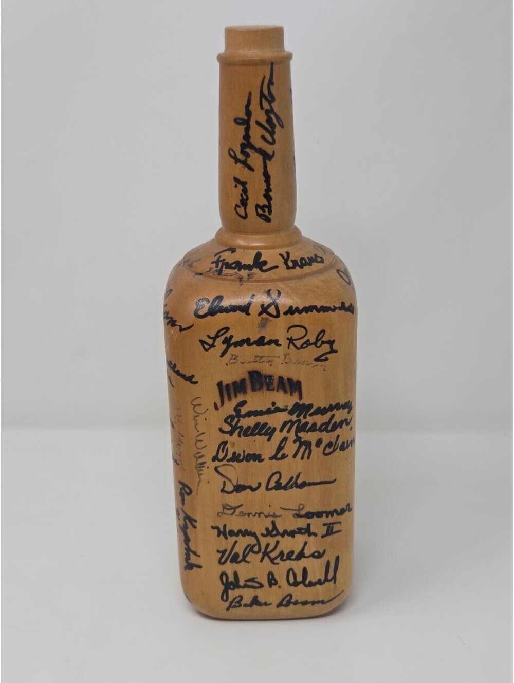 1988 Jim Beam Solid Wood Bottle Shaped Display Multi Signed Advertising Folk Art